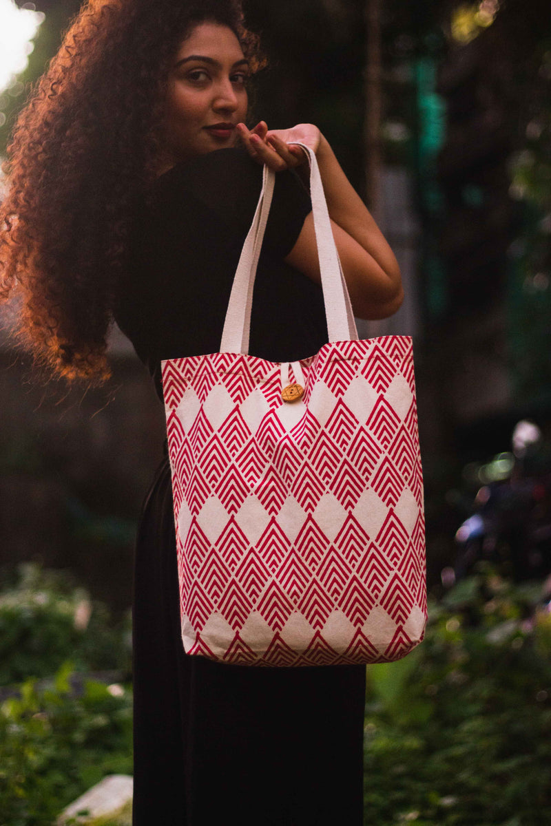 Cotton Shopping Tote Bag · Geometric Red-1