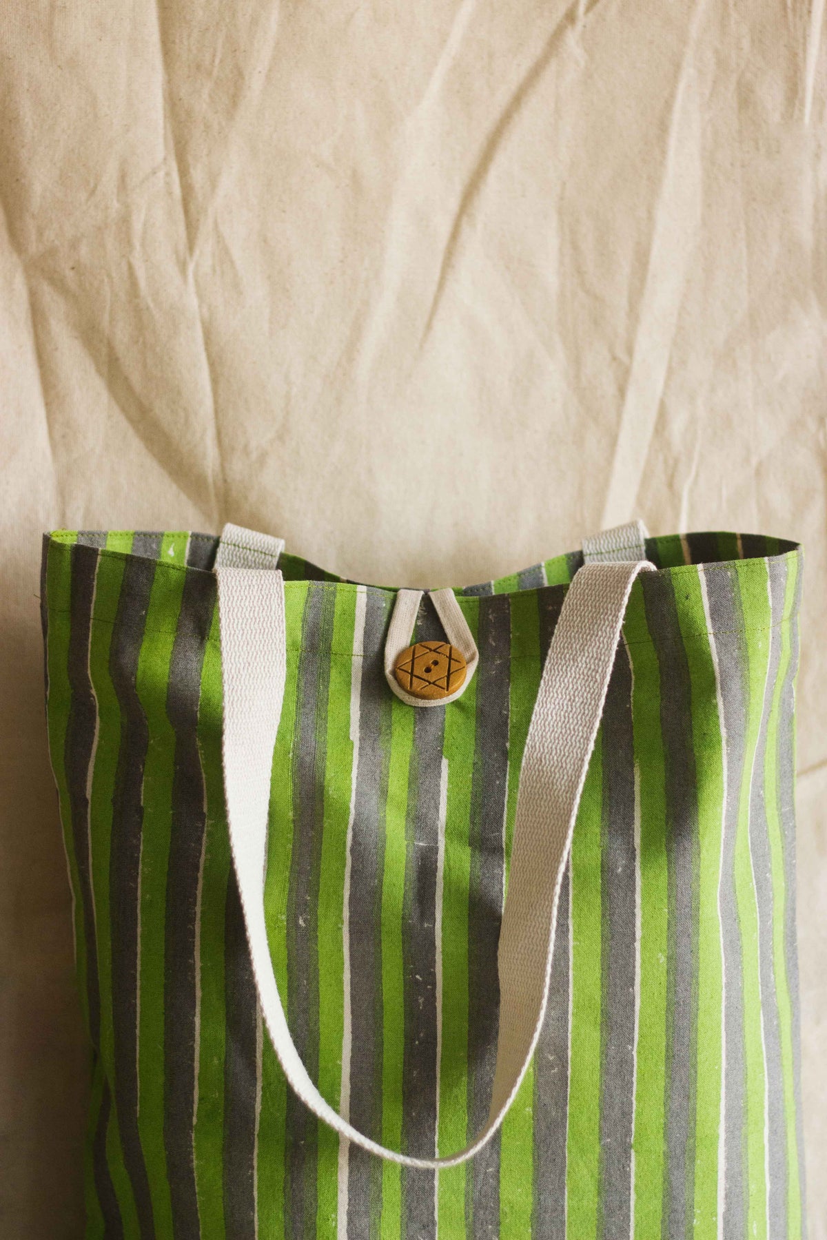 Cotton Shopping Tote Bag · Striped Green and Grey-6