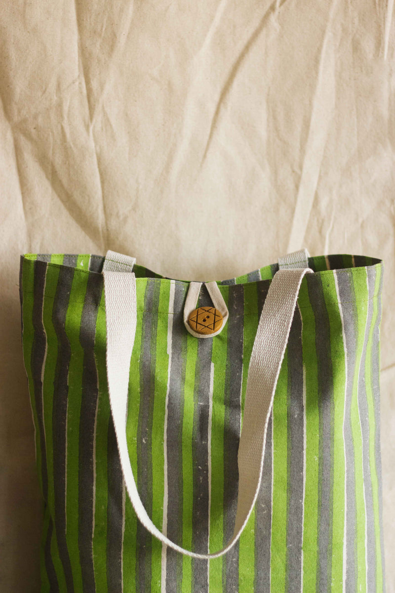 Cotton Shopping Tote Bag · Striped Green and Grey-6