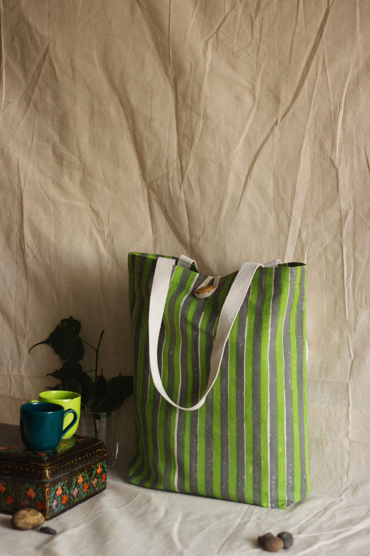 Cotton Shopping Tote Bag · Striped Green and Grey-2