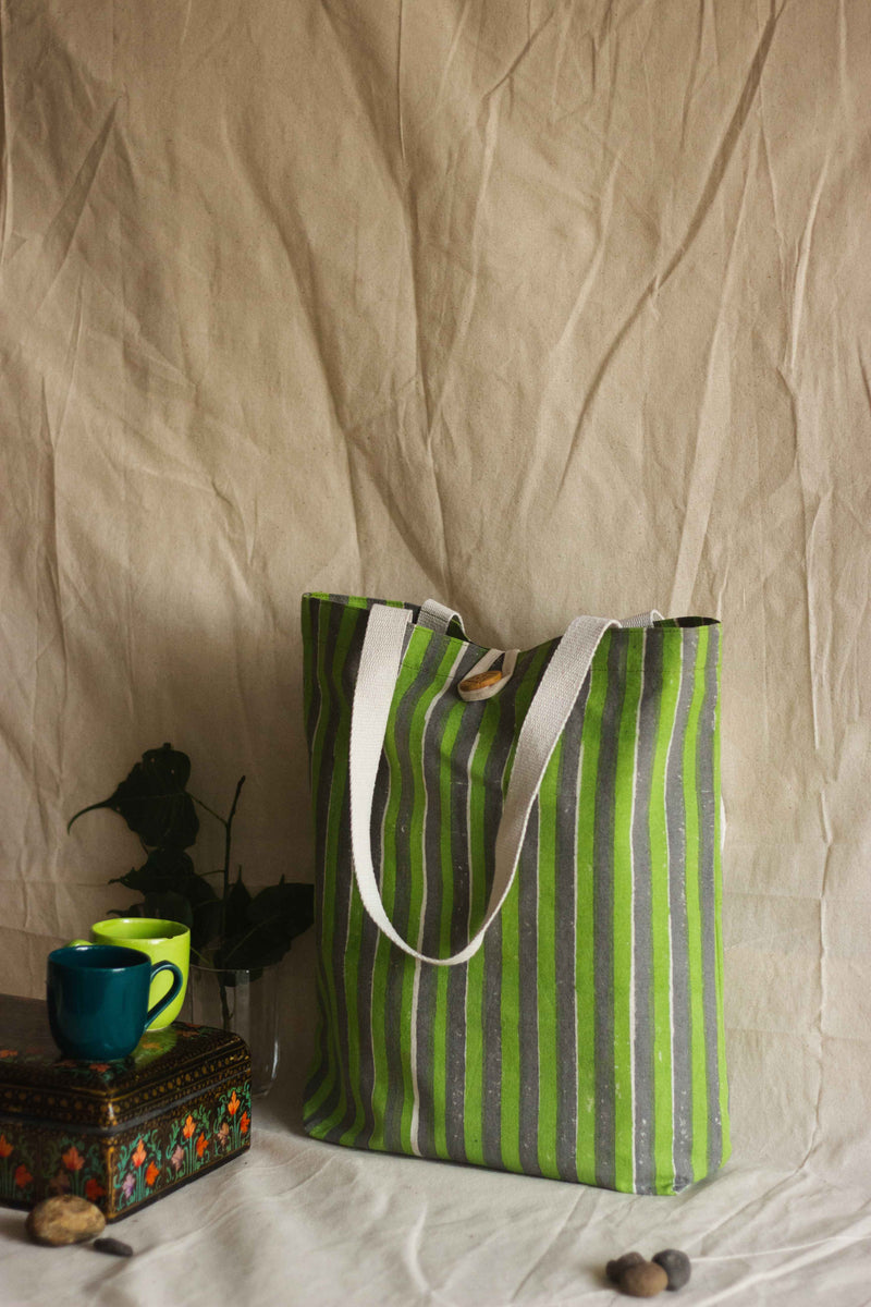Cotton Shopping Tote Bag · Striped Green and Grey-2