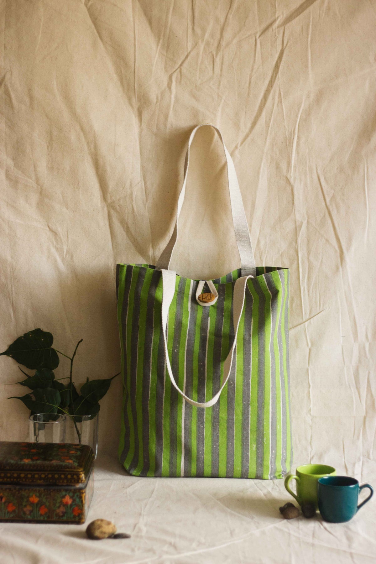 Cotton Shopping Tote Bag · Striped Green and Grey-3