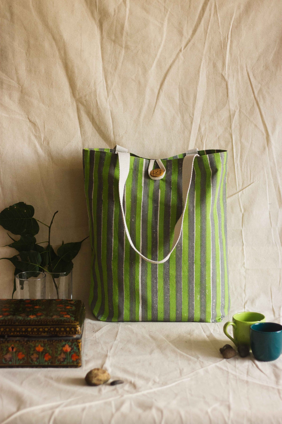 Cotton Shopping Tote Bag · Striped Green and Grey-4