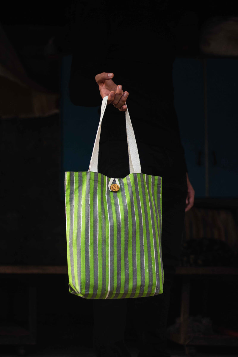 Cotton Shopping Tote Bag · Striped Green and Grey-1