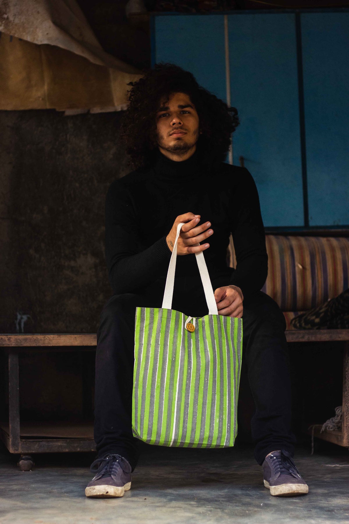 Cotton Shopping Tote Bag · Striped Green and Grey-5