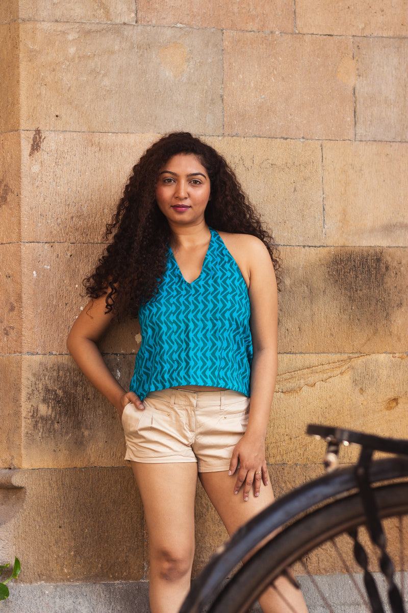 Cotton Crop Top In Batik Print Boomerang Blue-7