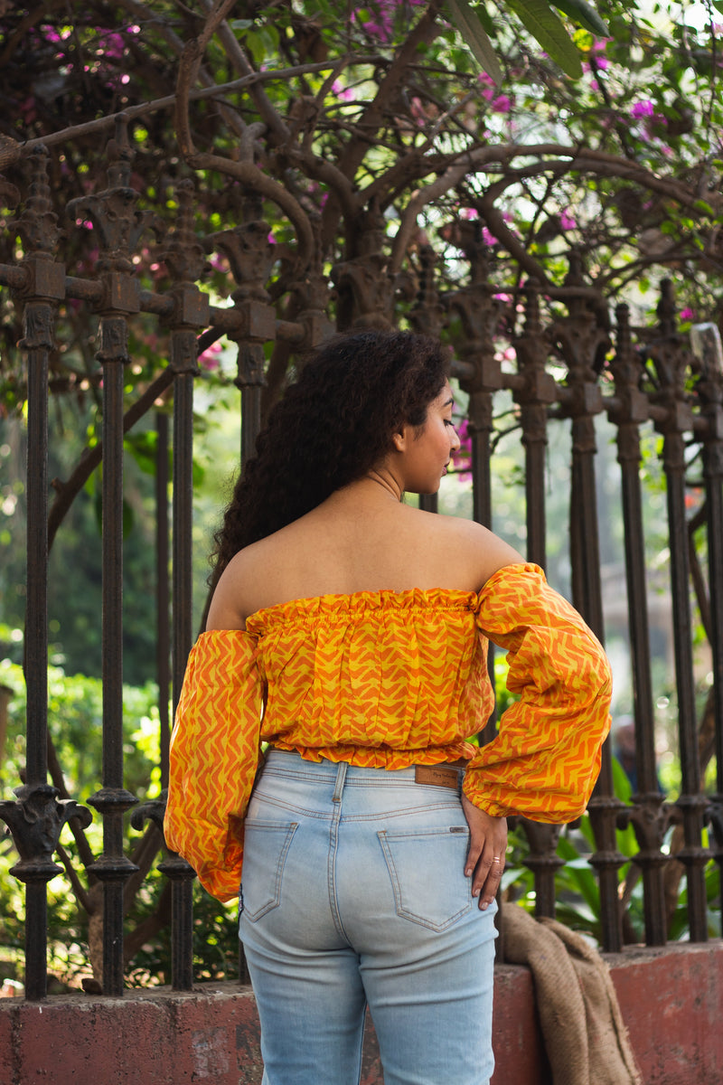 Cotton Crop Top In Batik Print Boomerang • Yellow-4