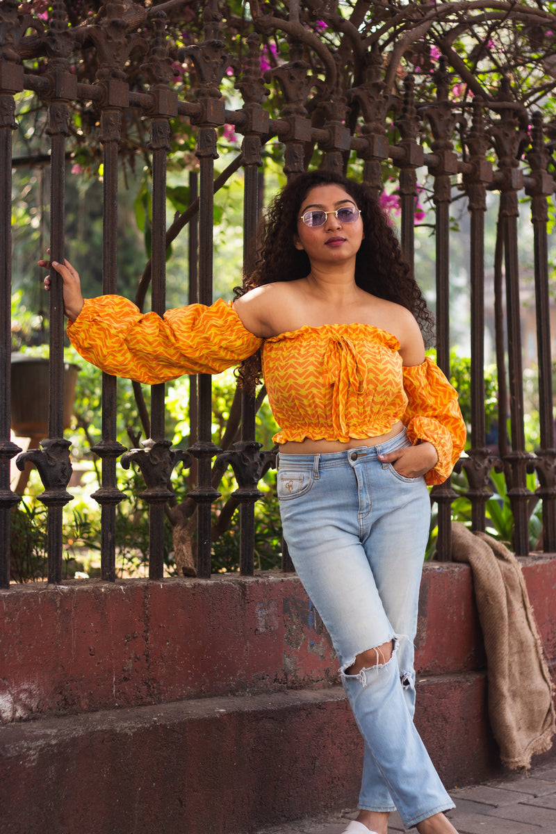 Cotton Crop Top In Batik Print Boomerang • Yellow-3