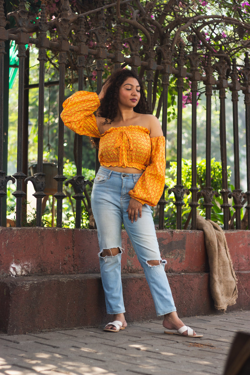 Cotton Crop Top In Batik Print Boomerang • Yellow-6