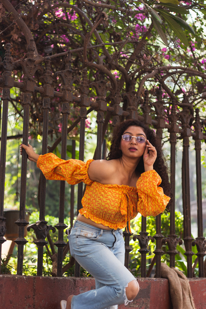 Cotton Crop Top In Batik Print Boomerang • Yellow-5