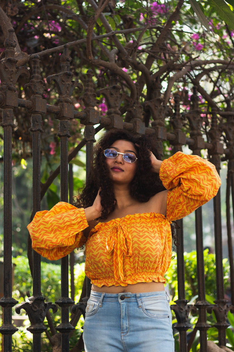 Cotton Crop Top In Batik Print Boomerang • Yellow-1