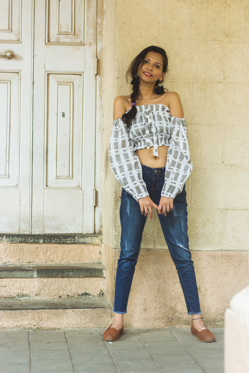 Cotton Crop Top In Screen Print Brick Rectangle-1