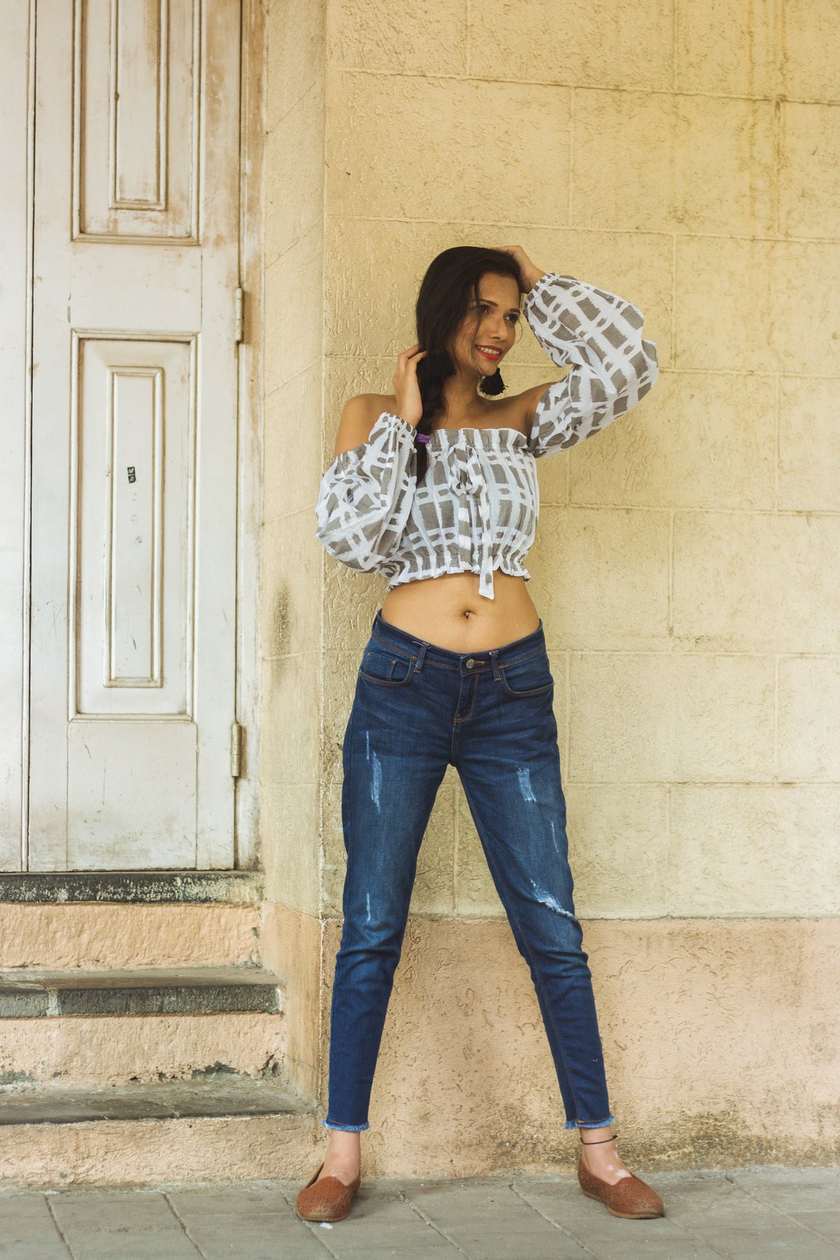 Cotton Crop Top In Screen Print Brick Rectangle-3