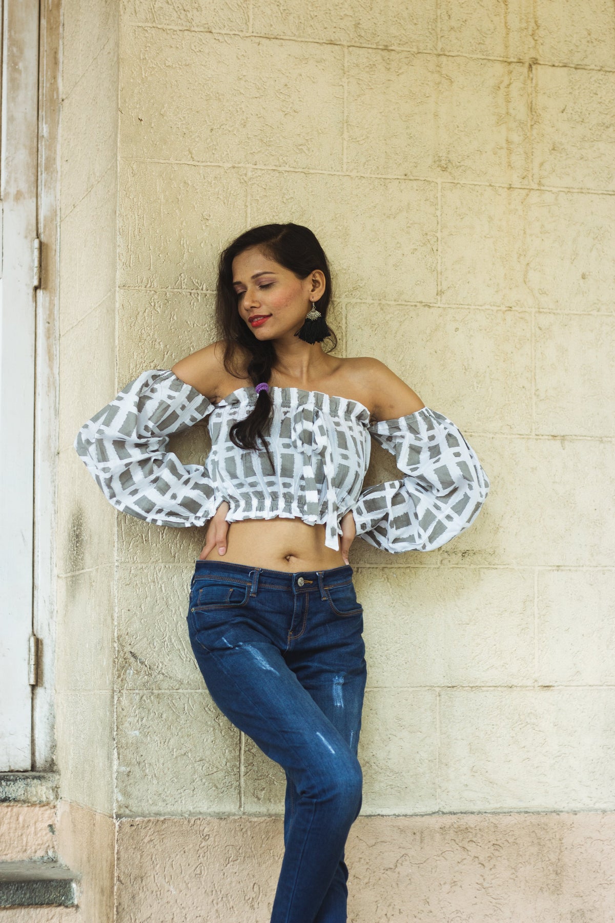 Cotton Crop Top In Screen Print Brick Rectangle-9