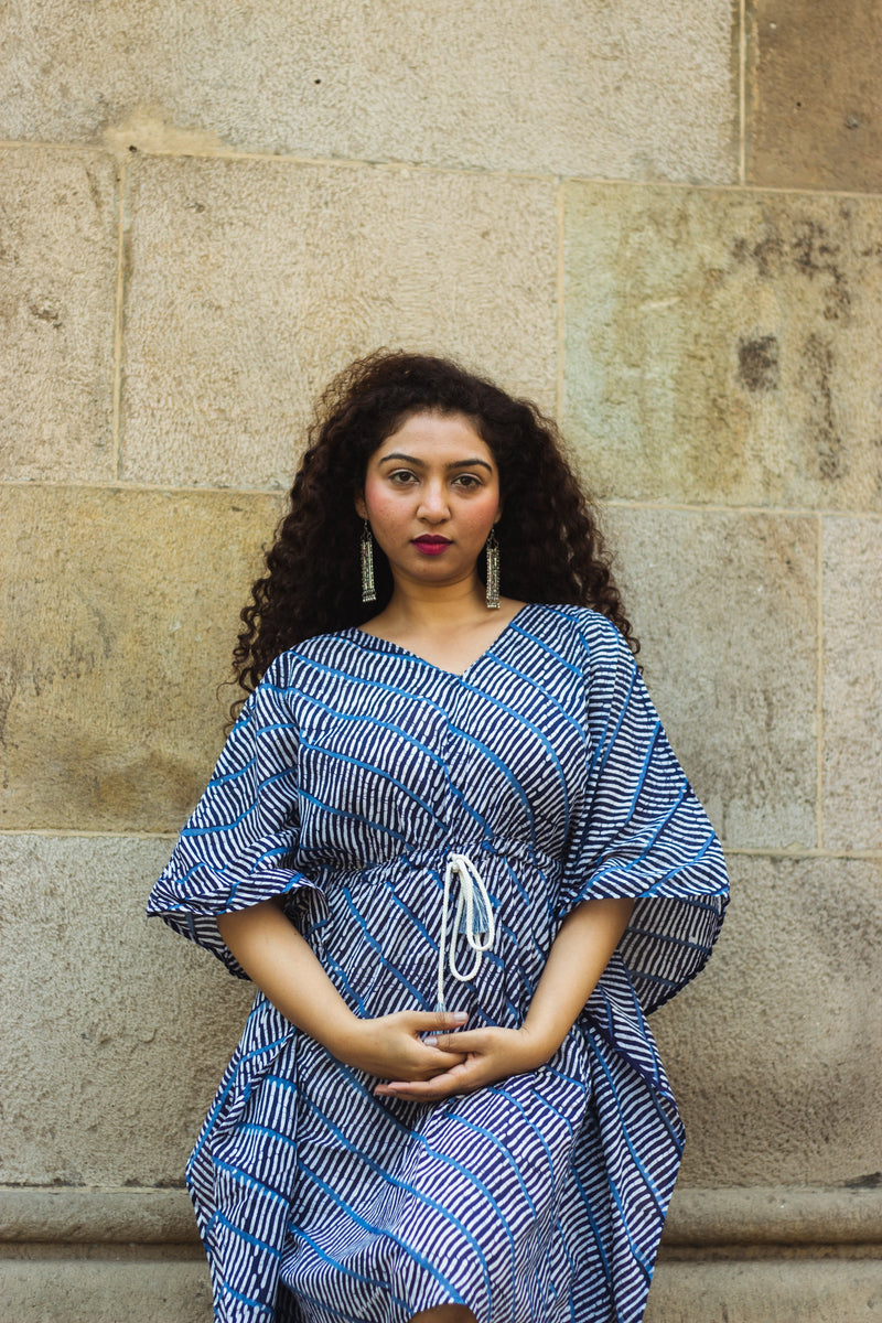 Cotton Mul Batik Kaftan Tunic Dress · Blue Leheriya-8