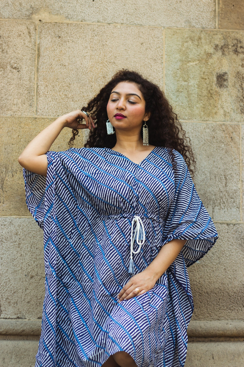 Cotton Mul Batik Kaftan Tunic Dress · Blue Leheriya-3