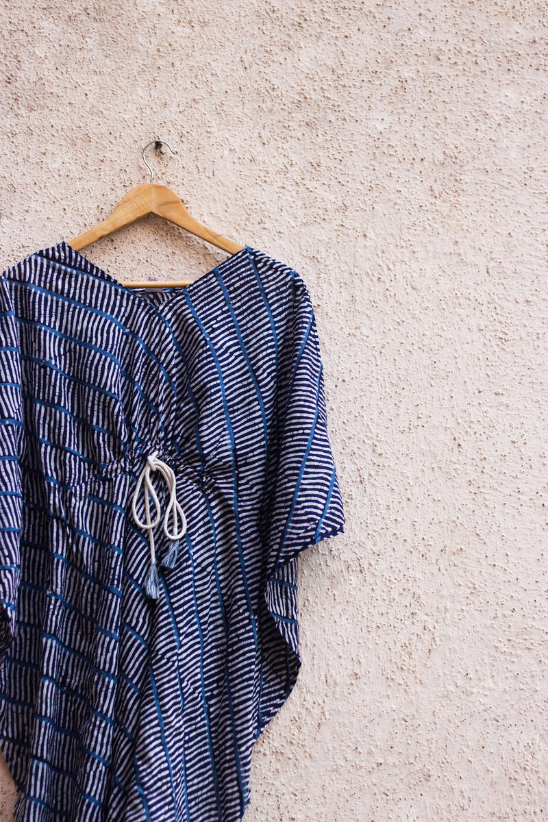 Cotton Mul Batik Kaftan Tunic Dress · Blue Leheriya-4