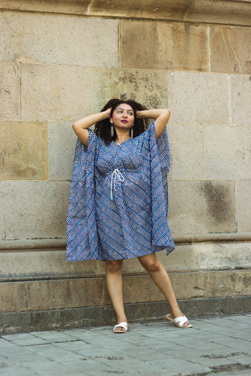 Cotton Mul Batik Kaftan Tunic Dress · Blue Leheriya-5