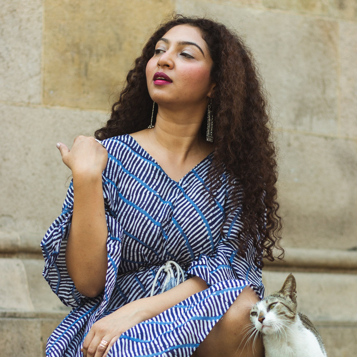 Cotton Mul Batik Kaftan Tunic Dress · Blue Leheriya-2