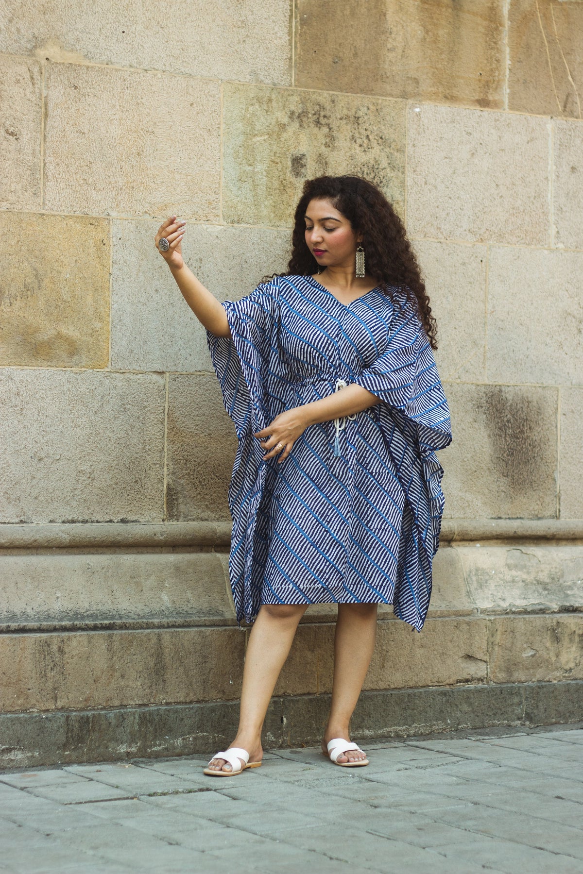 Cotton Mul Batik Kaftan Tunic Dress · Blue Leheriya-1