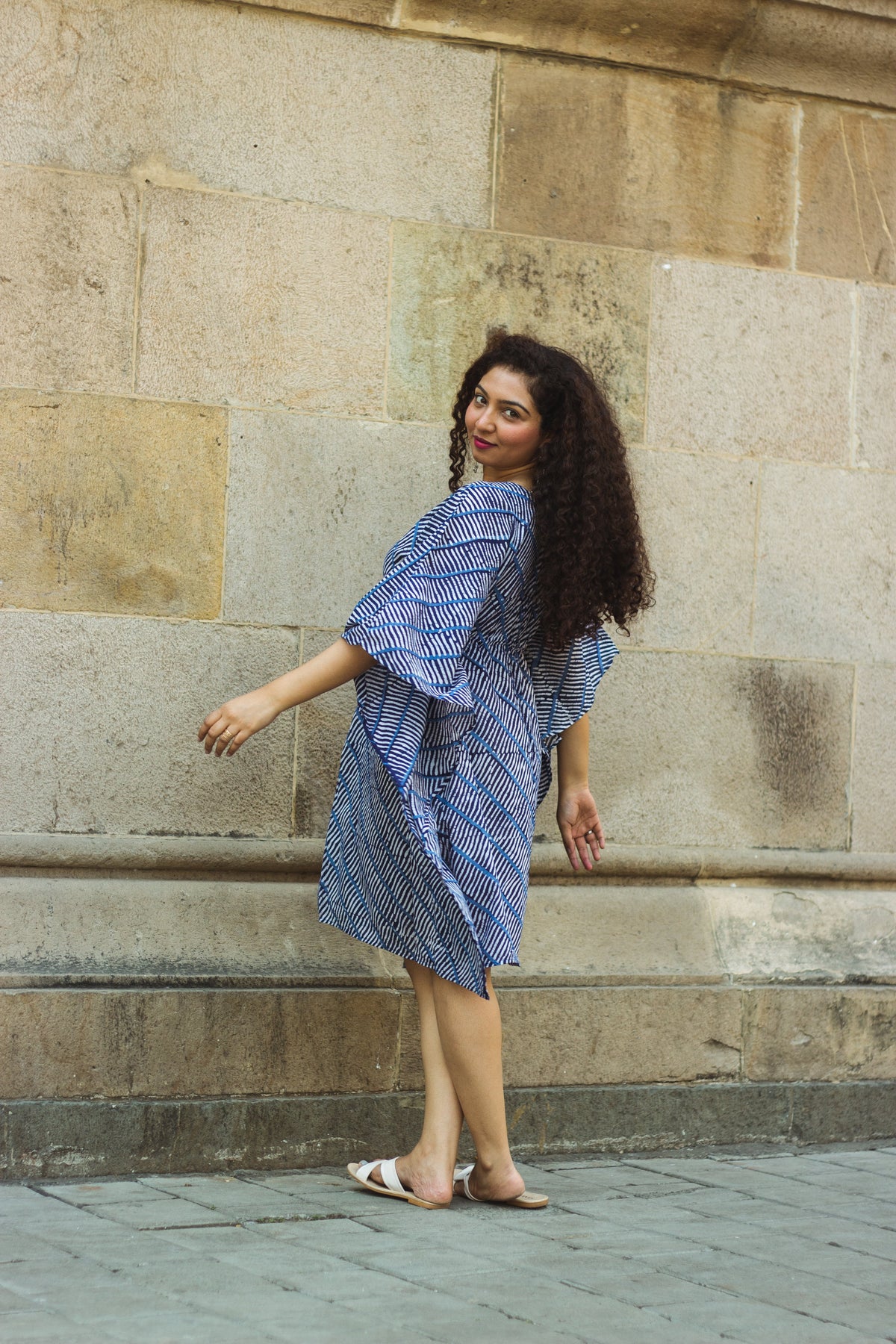 Cotton Mul Batik Kaftan Tunic Dress · Blue Leheriya-7