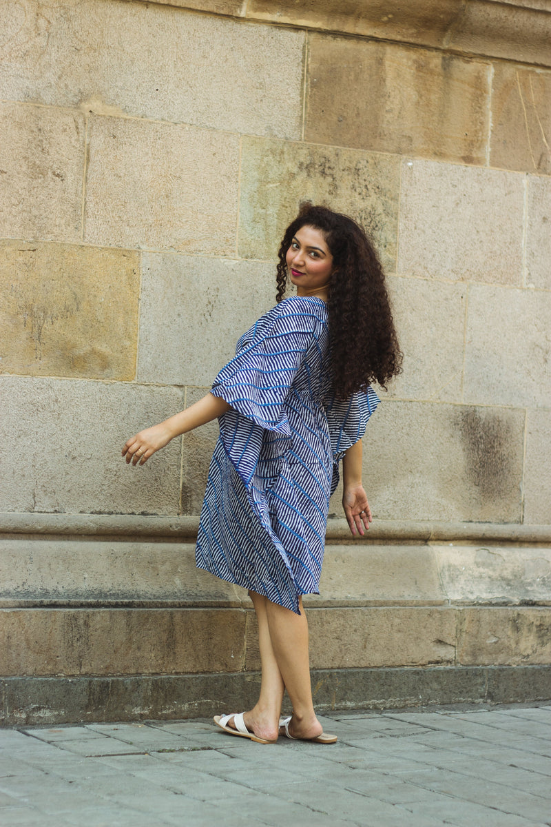 Cotton Mul Batik Kaftan Tunic Dress · Blue Leheriya-7