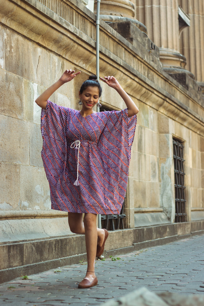 Cotton Mul Batik Kaftan Tunic Dress · Purple Leheriya-1