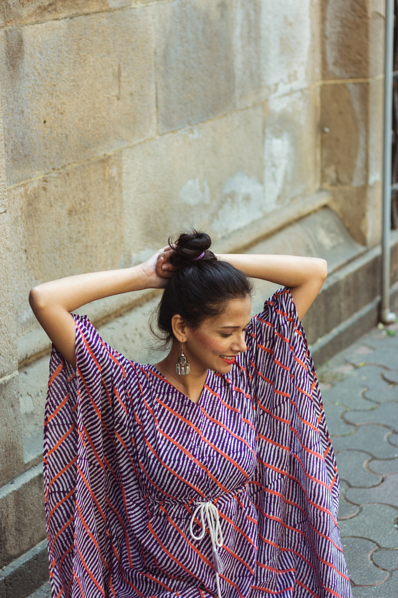 Cotton Mul Batik Kaftan Tunic Dress · Purple Leheriya-2