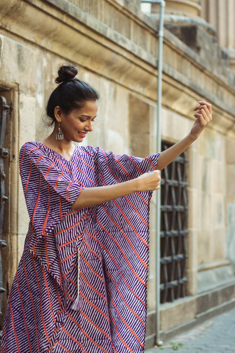 Cotton Mul Batik Kaftan Tunic Dress · Purple Leheriya-3