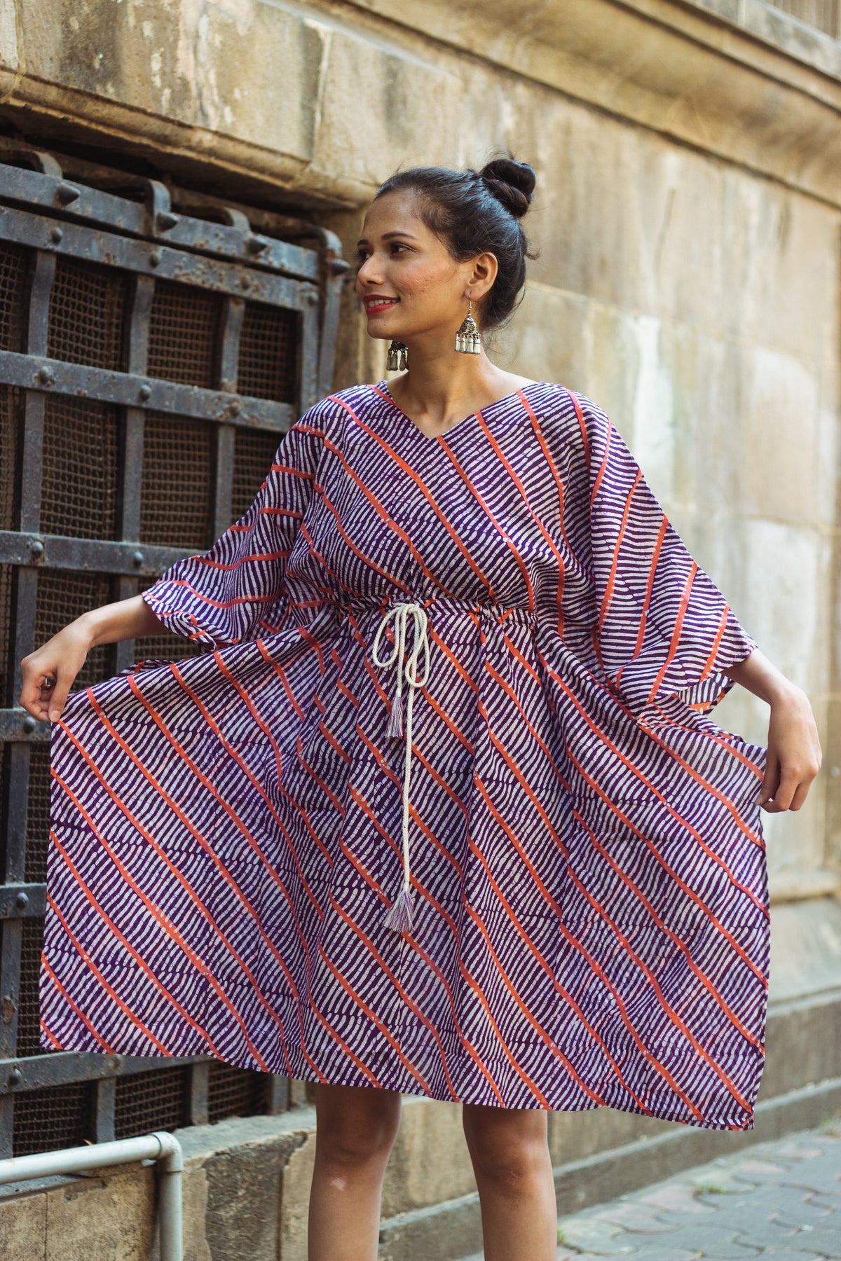 Cotton Mul Batik Kaftan Tunic Dress · Purple Leheriya-4