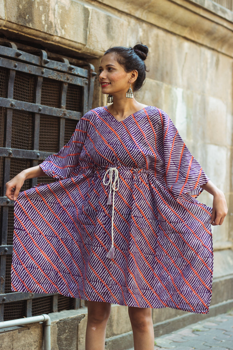 Cotton Mul Batik Kaftan Tunic Dress · Purple Leheriya-4