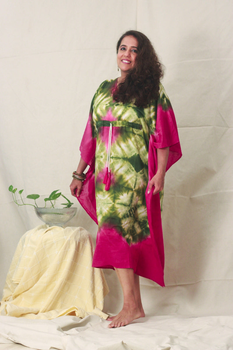Cotton Mulmul Tie Dye Kaftan Dress · Leafy Orchids-1