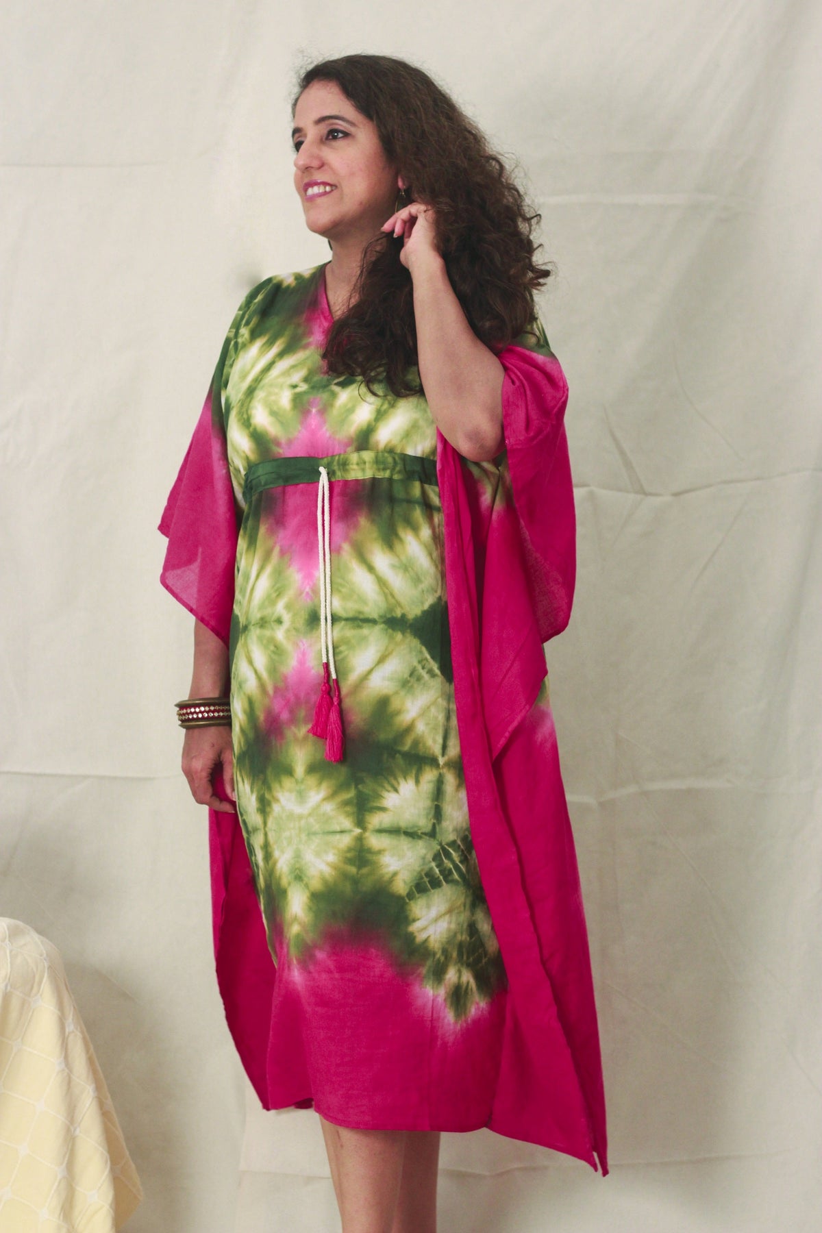 Cotton Mulmul Tie Dye Kaftan Dress · Leafy Orchids-2