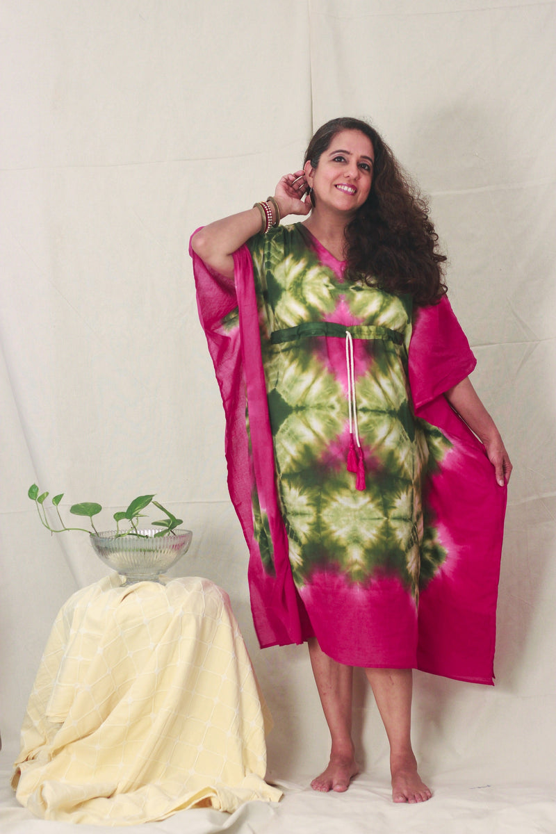 Cotton Mulmul Tie Dye Kaftan Dress · Leafy Orchids-3