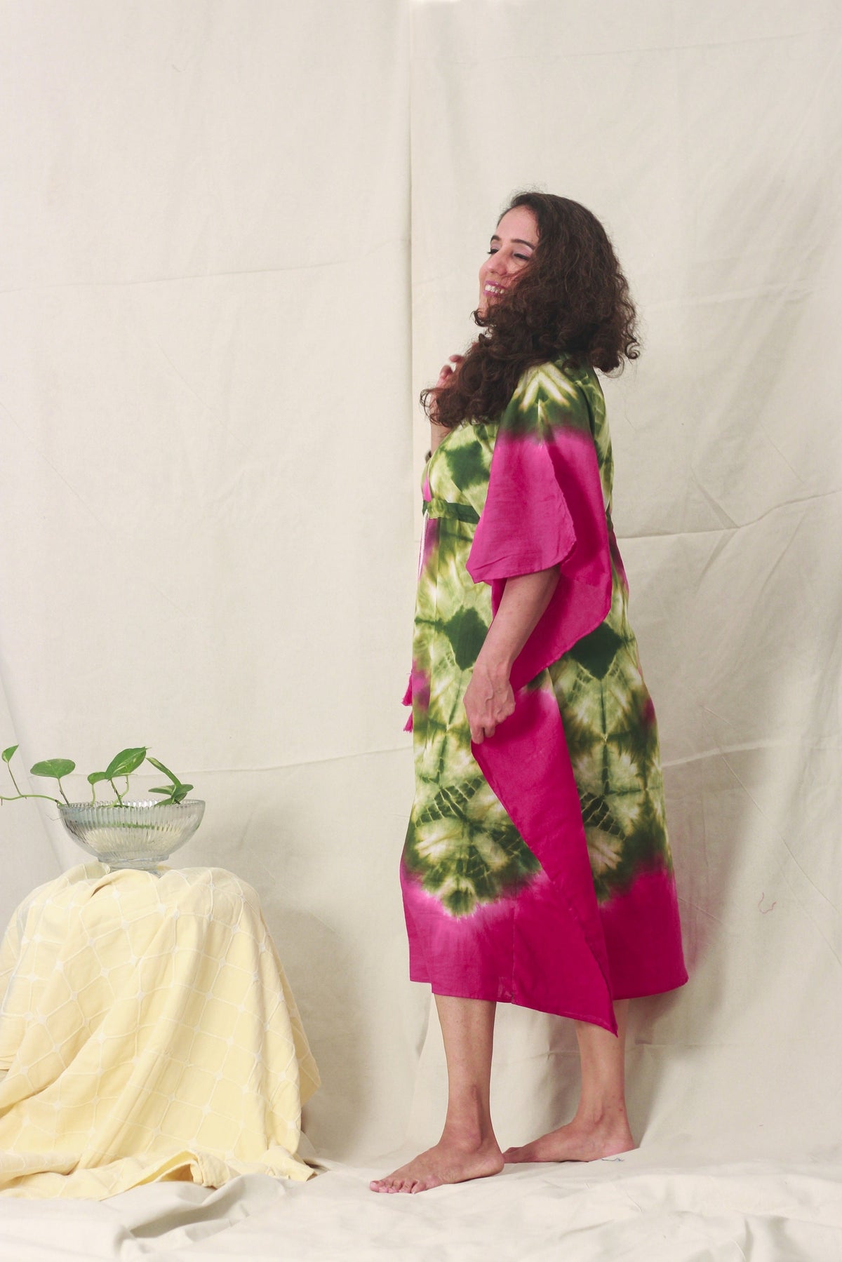 Cotton Mulmul Tie Dye Kaftan Dress · Leafy Orchids-4