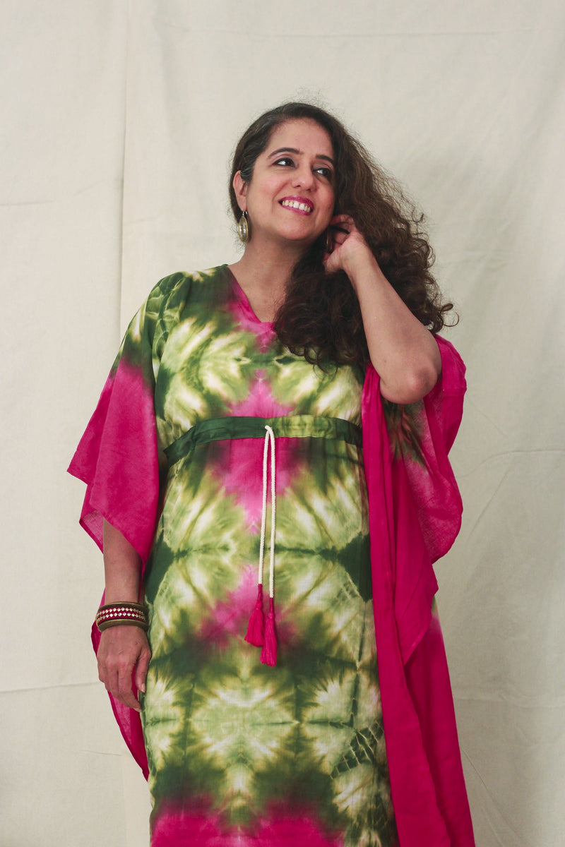 Cotton Mulmul Tie Dye Kaftan Dress · Leafy Orchids-5