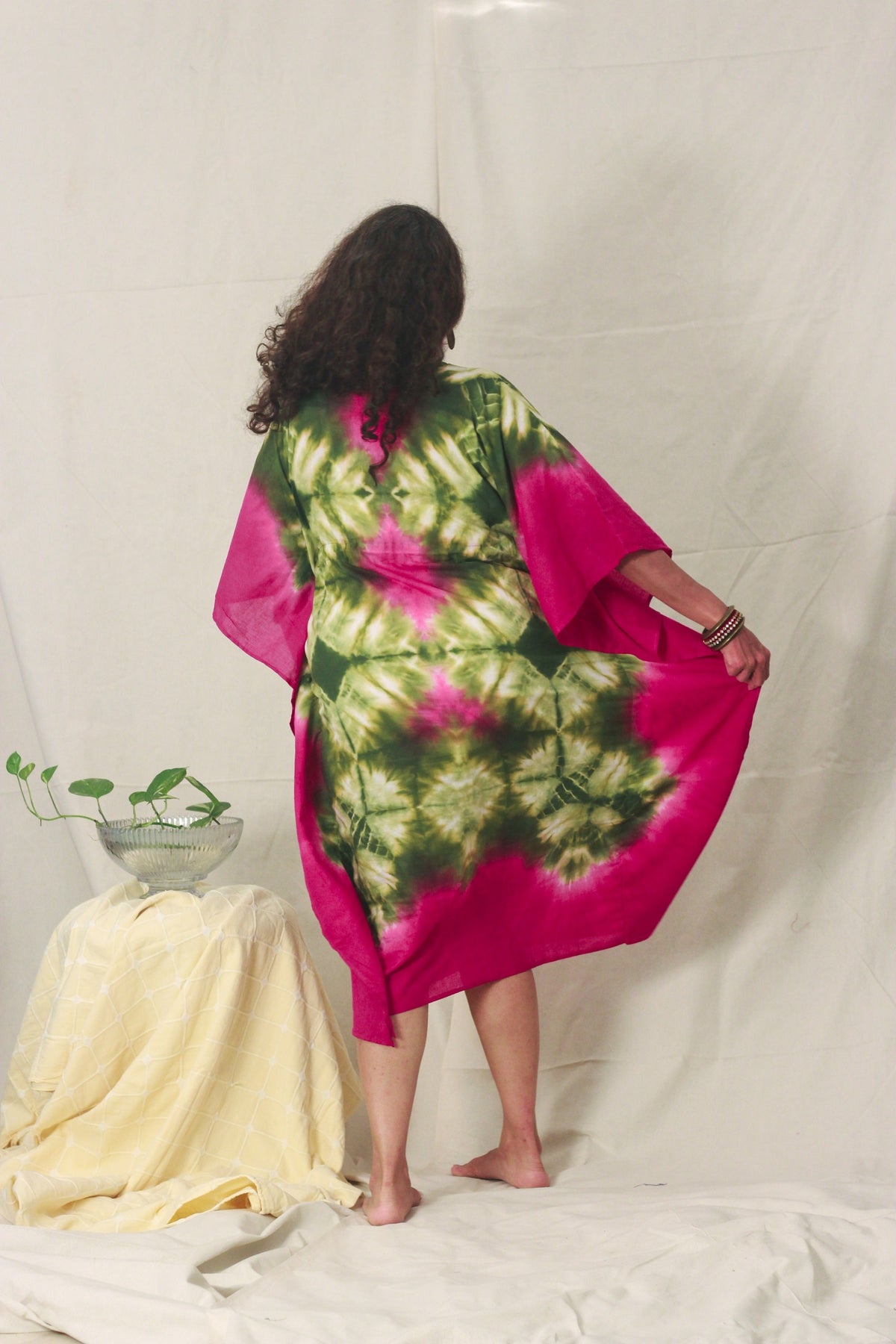 Cotton Mulmul Tie Dye Kaftan Dress · Leafy Orchids-6