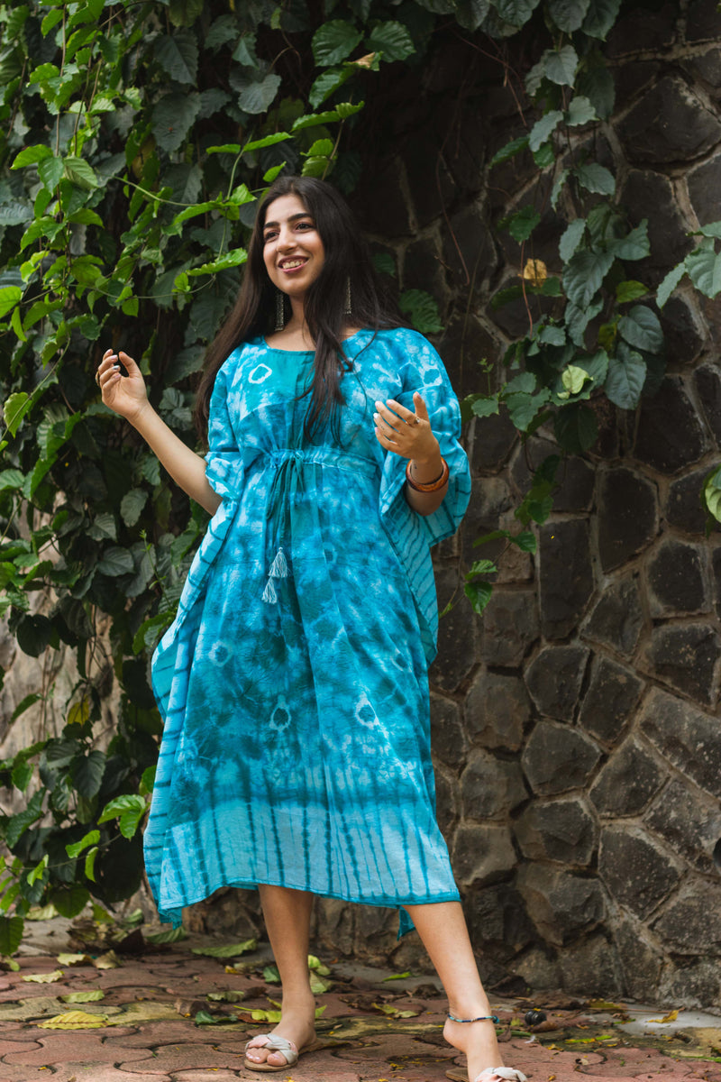 Cotton Mulmul Tie Dye Kaftan Dress · Minty Emerald-1