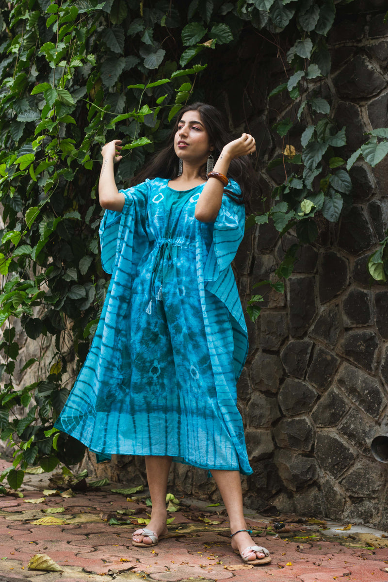 Cotton Mulmul Tie Dye Kaftan Dress · Minty Emerald-3