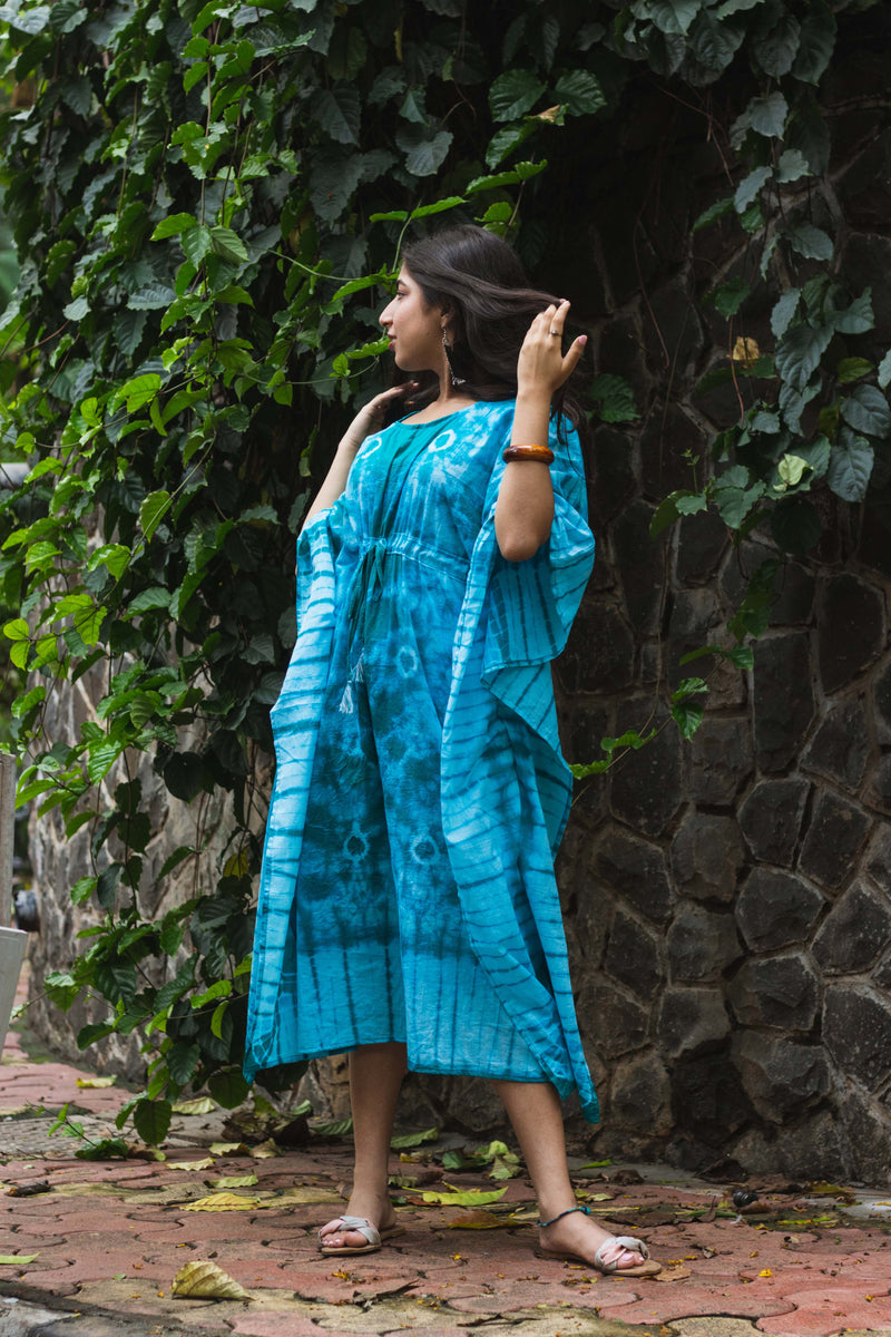 Cotton Mulmul Tie Dye Kaftan Dress · Minty Emerald-4