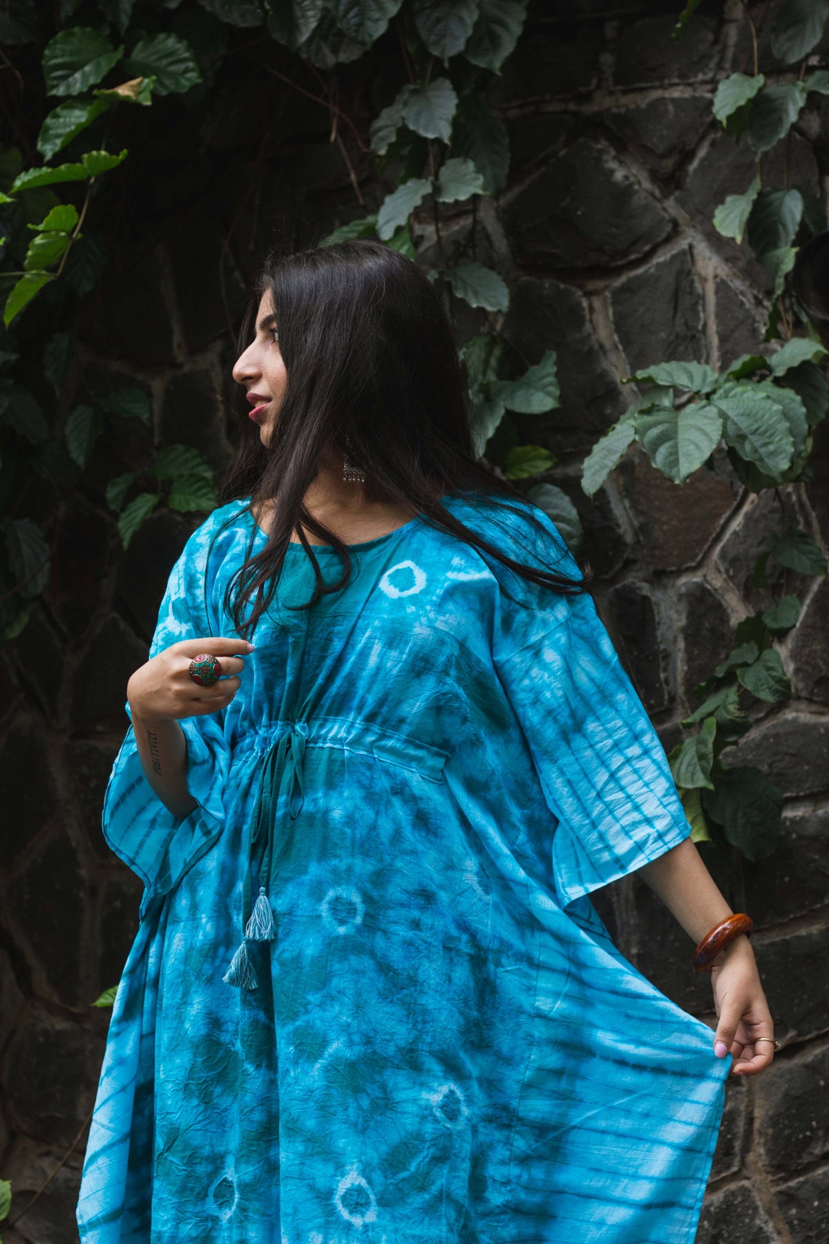 Cotton Mulmul Tie Dye Kaftan Dress · Minty Emerald-2