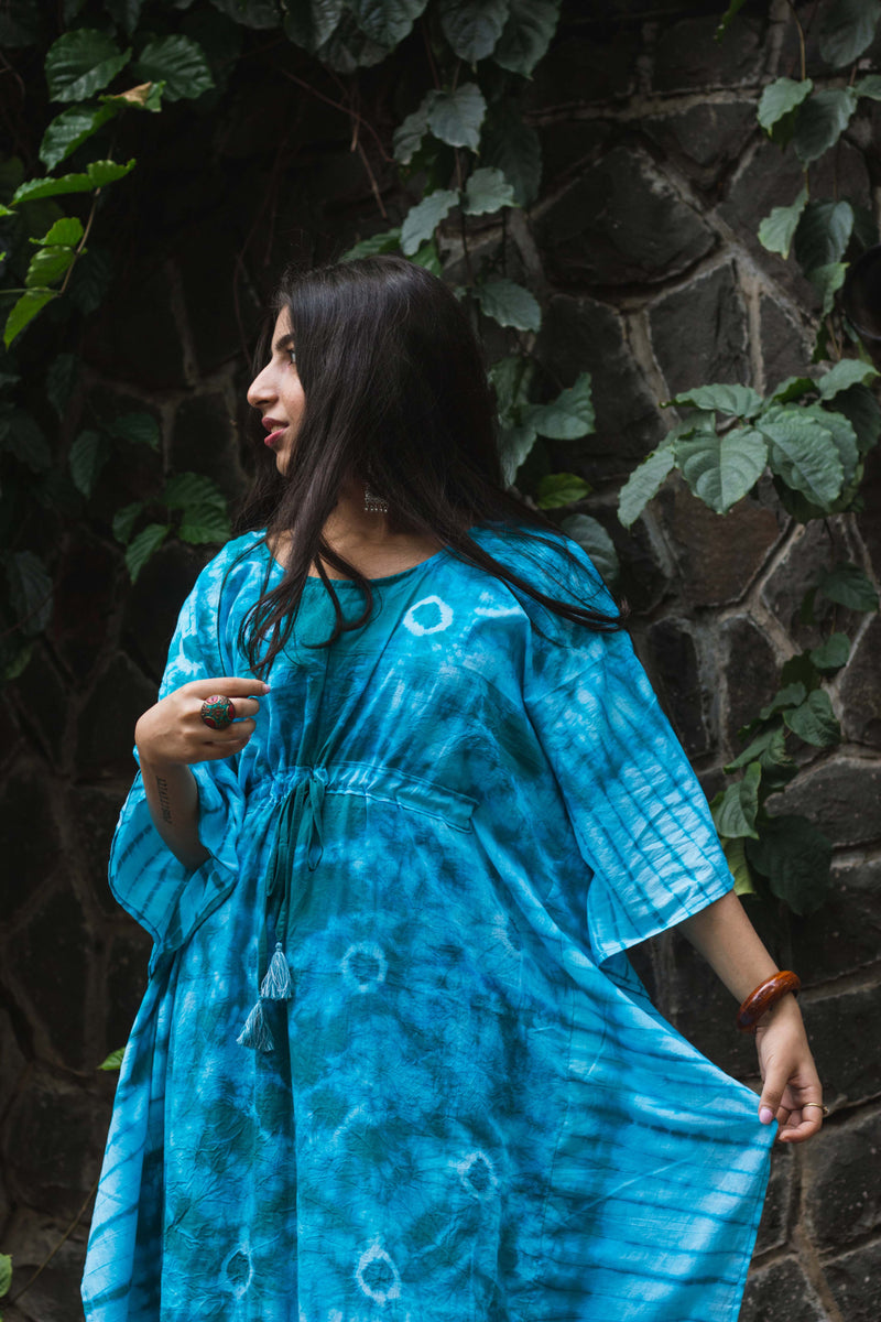 Cotton Mulmul Tie Dye Kaftan Dress · Minty Emerald-2