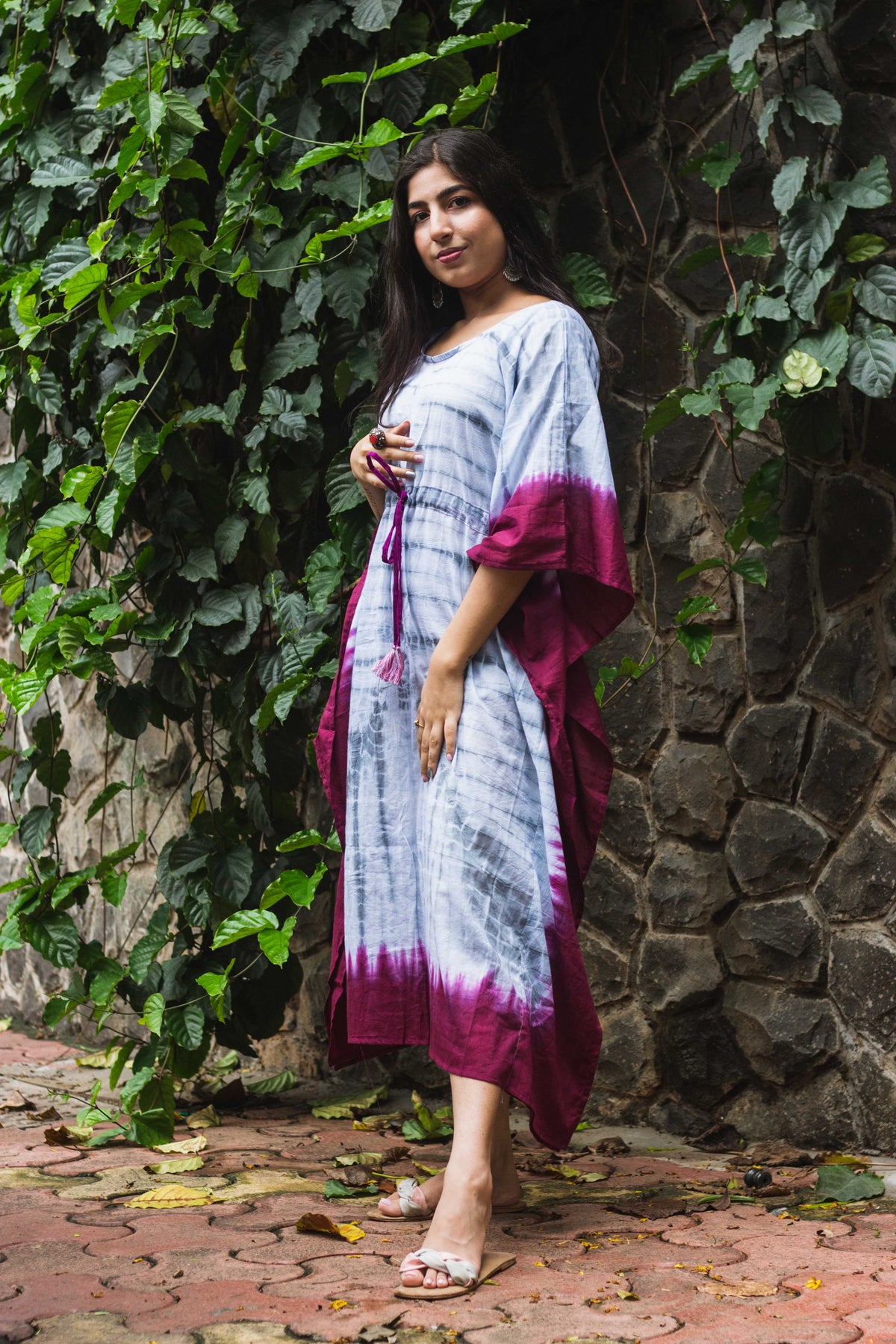 Cotton Mulmul Tie Dye Kaftan Dress · Wine in Steel-3