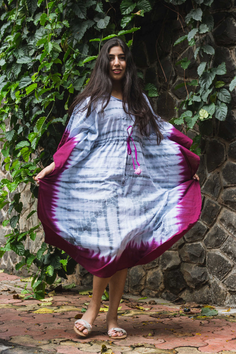 Cotton Mulmul Tie Dye Kaftan Dress · Wine in Steel-4
