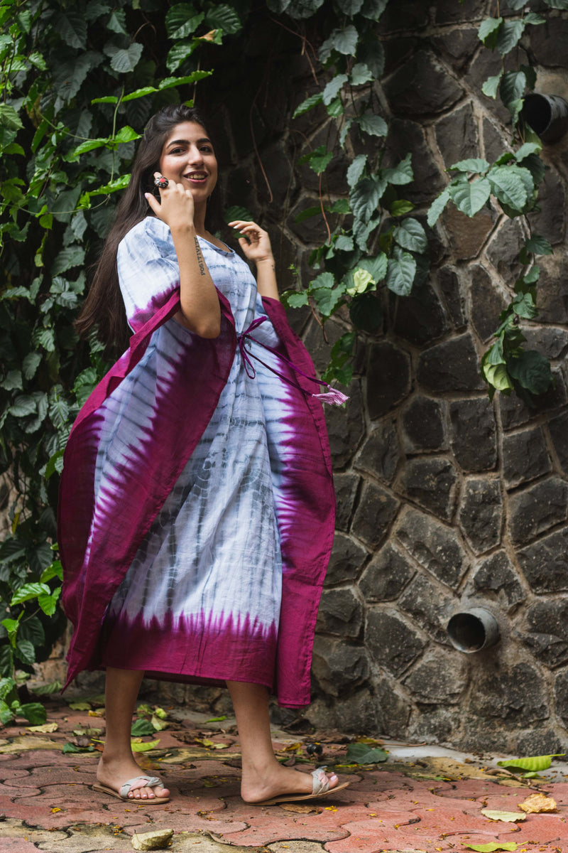 Cotton Mulmul Tie Dye Kaftan Dress · Wine in Steel-5