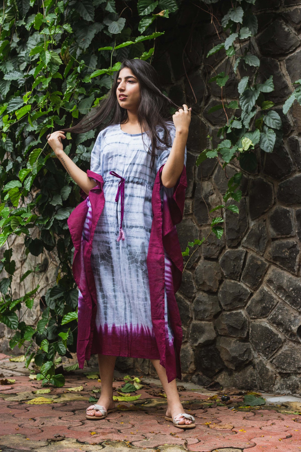 Cotton Mulmul Tie Dye Kaftan Dress · Wine in Steel-6