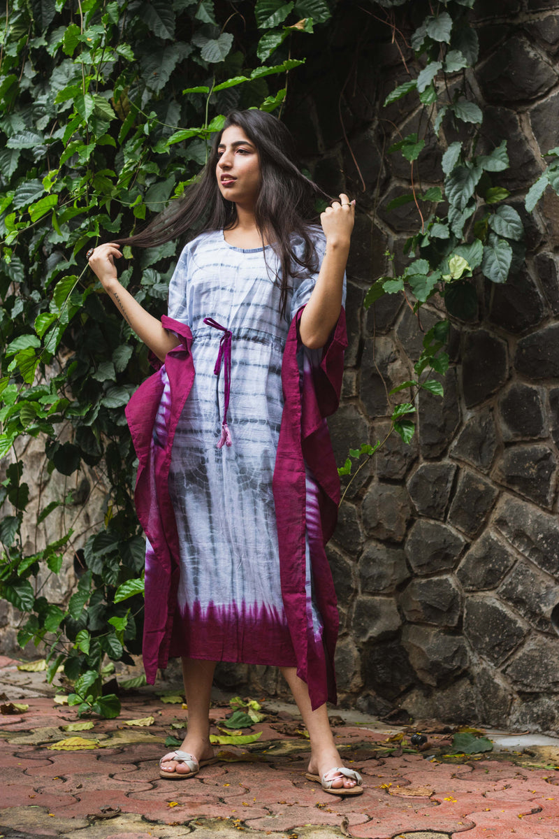Cotton Mulmul Tie Dye Kaftan Dress · Wine in Steel-6