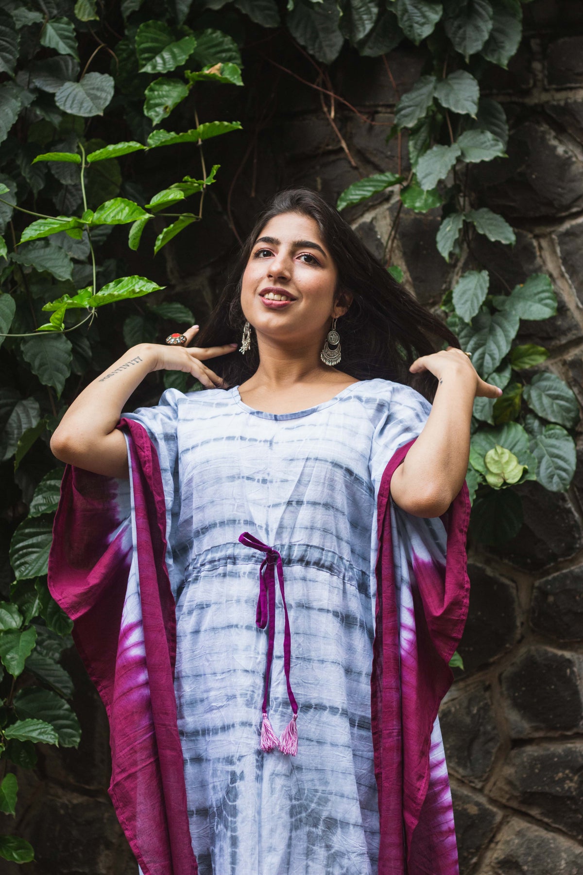 Cotton Mulmul Tie Dye Kaftan Dress · Wine in Steel-2