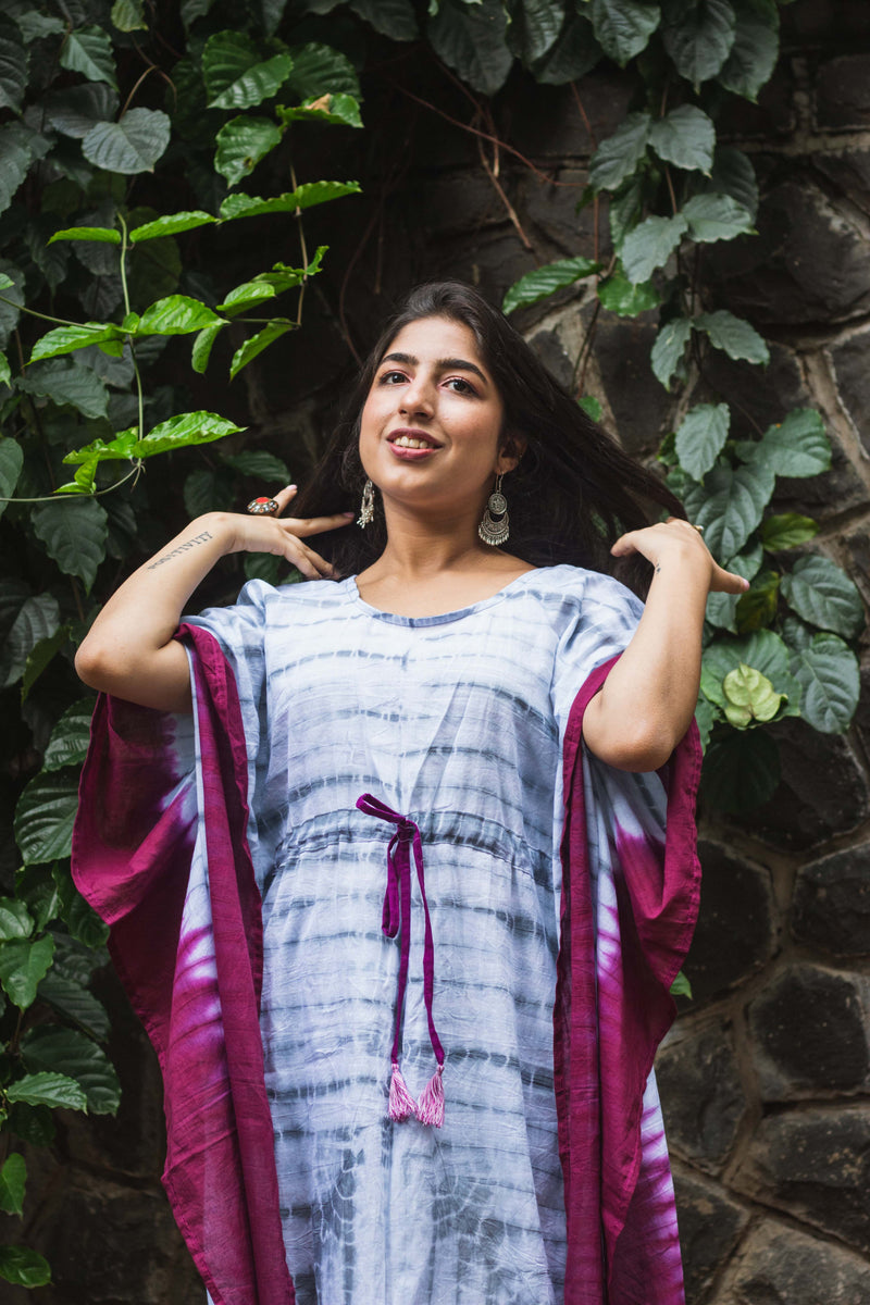 Cotton Mulmul Tie Dye Kaftan Dress · Wine in Steel-2