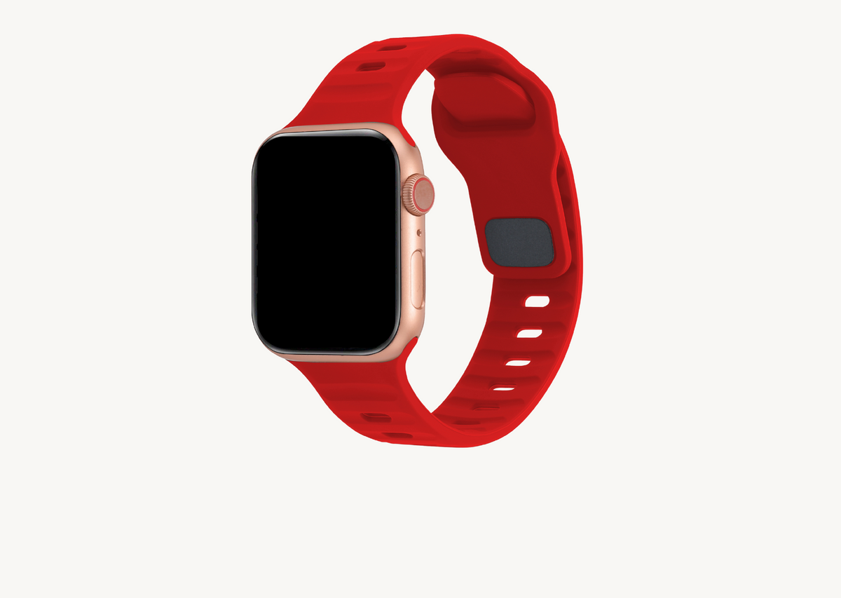 Red Rugged Silicone Apple Watch Band with Pin & Tuck Closure.